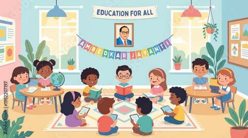 Diverse group of children engaged in learning activities in a bright, welcoming classroom decorated with educational banners and a portrait of a leader.