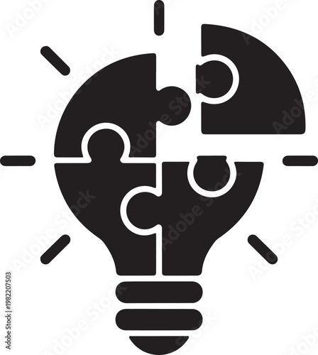 A black lightbulb icon made of puzzle pieces with one piece detached representing a creative idea.