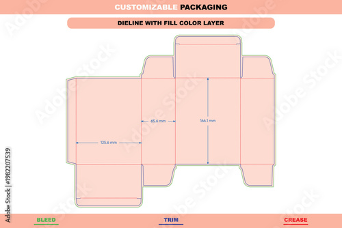 Reverse mortise lock box dieline template with dimensions, featuring bleed, trim, and crease lines for packaging and retail product display
