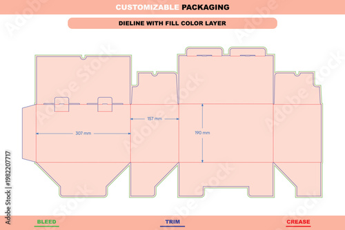 Reverse tuck end box dieline template with dimensions, featuring bleed, trim, and crease lines in a flat layout for retail packaging