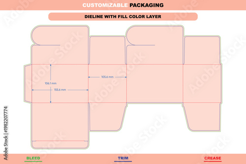 Square shipping box dieline template with tuck end, featuring color-coded lines for bleed, trim, and crease with specific dimension measurements