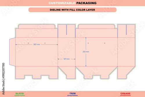 Three-lock bottom box dieline template with structural fold lines, trim edges, and bleed margins, featuring labeled dimensions in millimeters