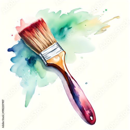 Single Paintbrush with Paint Watercolor Illustration Isolated on White