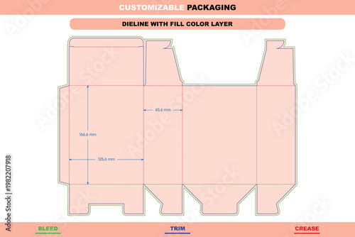 Tuck end box dieline template with bleed, trim, and crease lines, featuring labeled dimensions and a light peach fill color layer