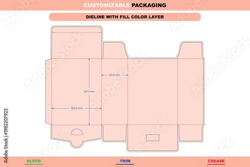 Tuck end box dieline template with bleed, trim, and crease lines, featuring labeled dimensions and a soft peach fill color for retail packaging