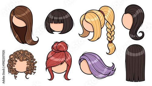Collection of diverse cartoon hairstyles for women, showcasing various styles and colors