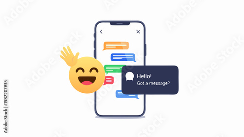 Happy emoji waving hello next to a smartphone displaying text messages and a notification