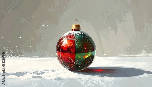 A shiny red Christmas ornament sits on snowy ground with snowflakes falling.
