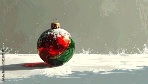 Vibrant red and green Christmas ornament sitting on snowy surface indoors