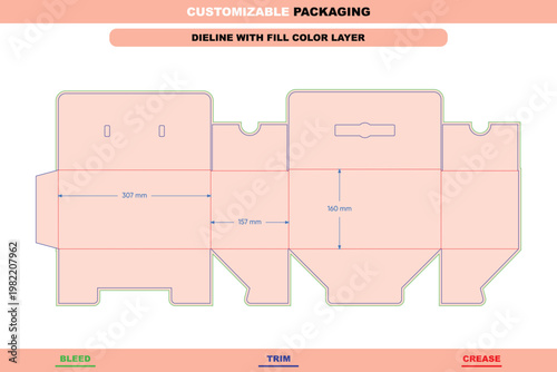 Tuck end box dieline template with dimensions, featuring a light pink fill layer, green bleed lines, blue trim lines, and red dotted crease lines