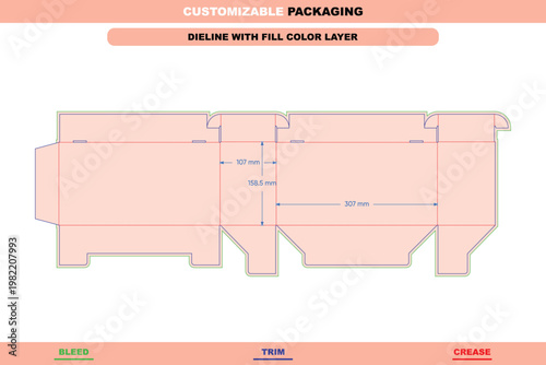 Tuck end box dieline template with dimensions, featuring bleed, trim, and crease lines for custom packaging and product display