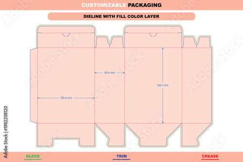Tuck end box dieline template with fill color layer, featuring bleed, trim, and crease lines with precise metric measurements for retail packaging