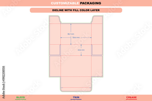 Tuck end box dieline template with fill color layer, featuring structural fold lines, trim edges, bleed margins, and precise millimeter dimensions