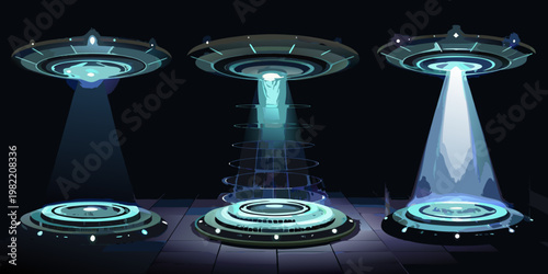 Three glowing ufos descend with bright beams onto a dark surface