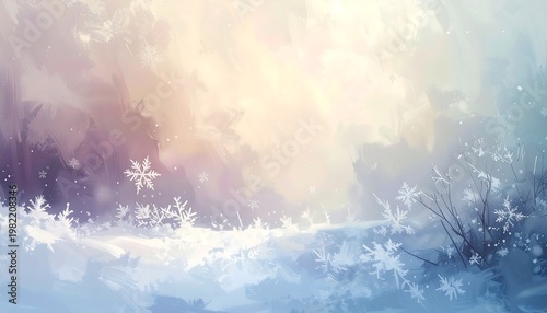 Snowflakes fall gently on a serene winter landscape with trees and hills under a soft colorful sky.