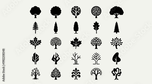 Minimalist flat icon set of trees in various styles.