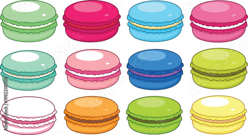 Colorful assortment of stacked macarons in vibrant pastel and bright hues Vector