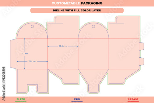 Tuck end box dieline template with ribbon holes, featuring bleed, trim, and crease lines with labeled dimensions in millimeters for packaging