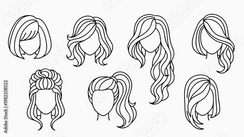 Collection of diverse female hairstyles illustrated in a clean, modern line art style