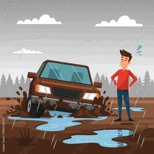 Man looking stressed as his brown car gets stuck in thick mud during rainy day