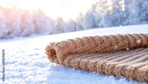 Folded rug lies on snowy ground amidst frosty trees and sunshine.