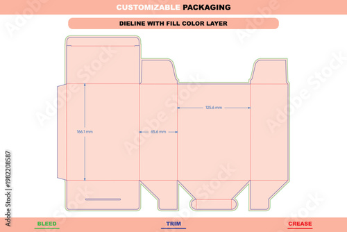 Tuck end box dieline template with structural folds, bleed, trim, and crease lines, featuring labeled dimensions in millimeters on a peach background