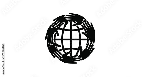 Human hands forming a circle around a globe grid symbolize global cooperation and unity on a white background.