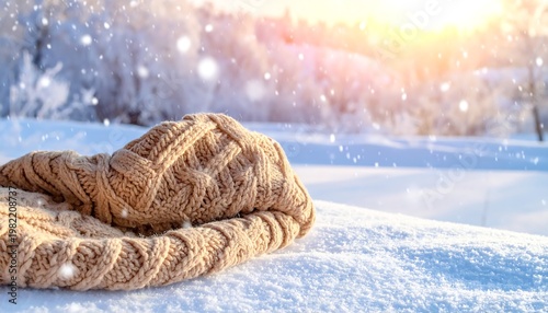 A large rope lies on snowy ground with trees and sunset in background during snowfall.