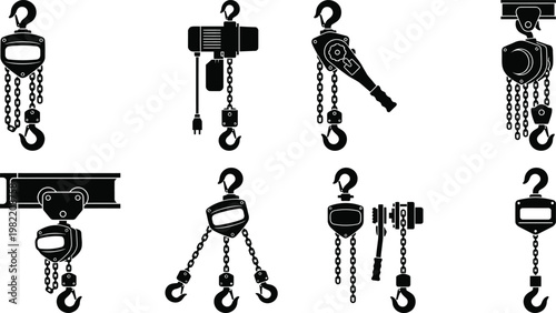 Chain Hoist Silhouette Vector Set | Hook Lifting Mechanism Industrial Equipment