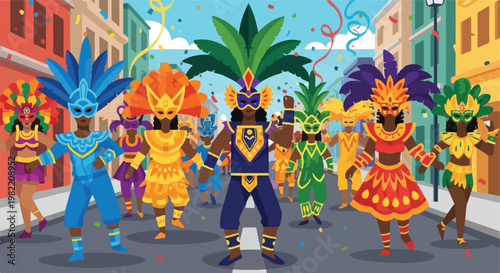 Colorful carnival parade with dancers in feathered costumes and masks on street