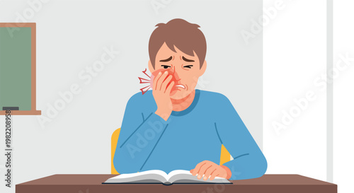 Sad student holding a painful red cheek while studying at desk with an open book