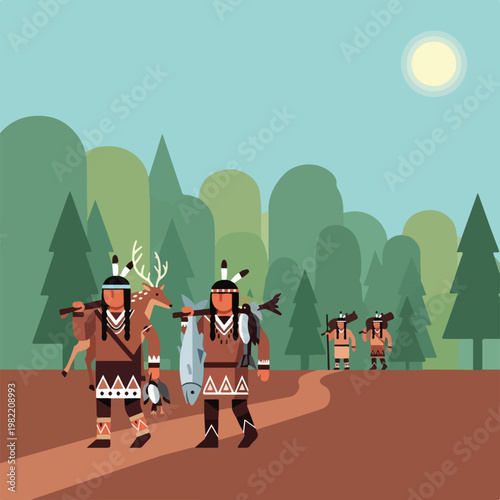 Indigenous hunters carrying deer and fish along a woodland path under a hot sun