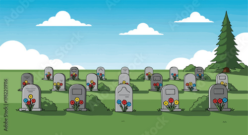 Cartoon cemetery scene with gray tombstones and bright flowers under a blue sky