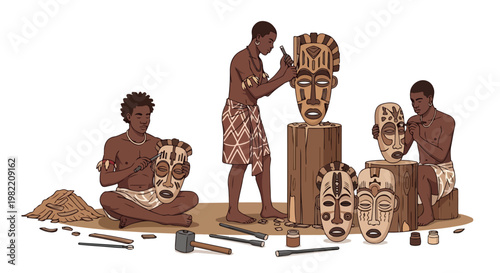 Three African men carving and painting traditional tribal masks from wood blocks