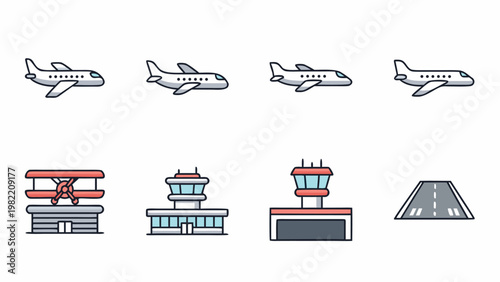 Collection of airplane and airport icons including control towers and runway