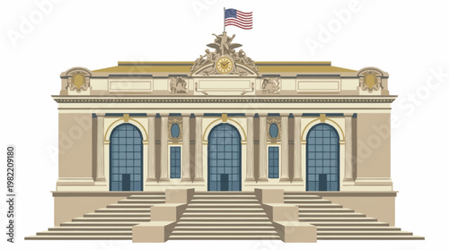 A detailed illustration of the grand facade of a classical building, featuring large arched windows, a prominent staircase, and an American flag atop its roof.