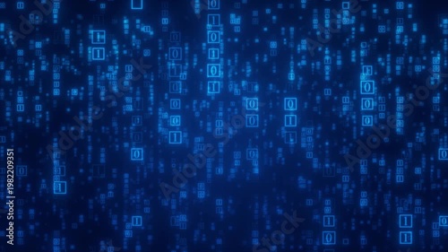 Futuristic Glowing Blue Binary Code Numbers 0 And 1 Flickering Inside Squares, Cascading Vertically In A Digital Matrix Against A Dark Navy Blue Background. High-tech Scene Representing Big Data Proce