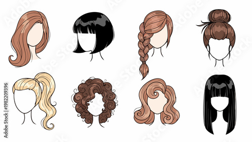 Collection of eight diverse cartoon hairstyles for women, illustrated in a clean vector style