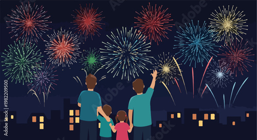 Family of four watching a vibrant firework show over a city skyline during night