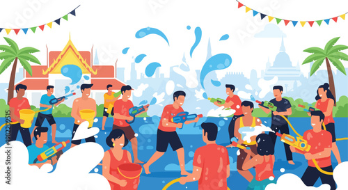 People enjoy a water fight with guns and buckets at a Thai New Year celebration