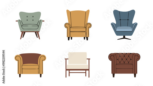 Collection of six diverse armchair styles in a flat vector illustration