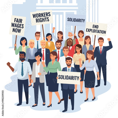 Diverse group of office professionals protesting for labor rights and equality