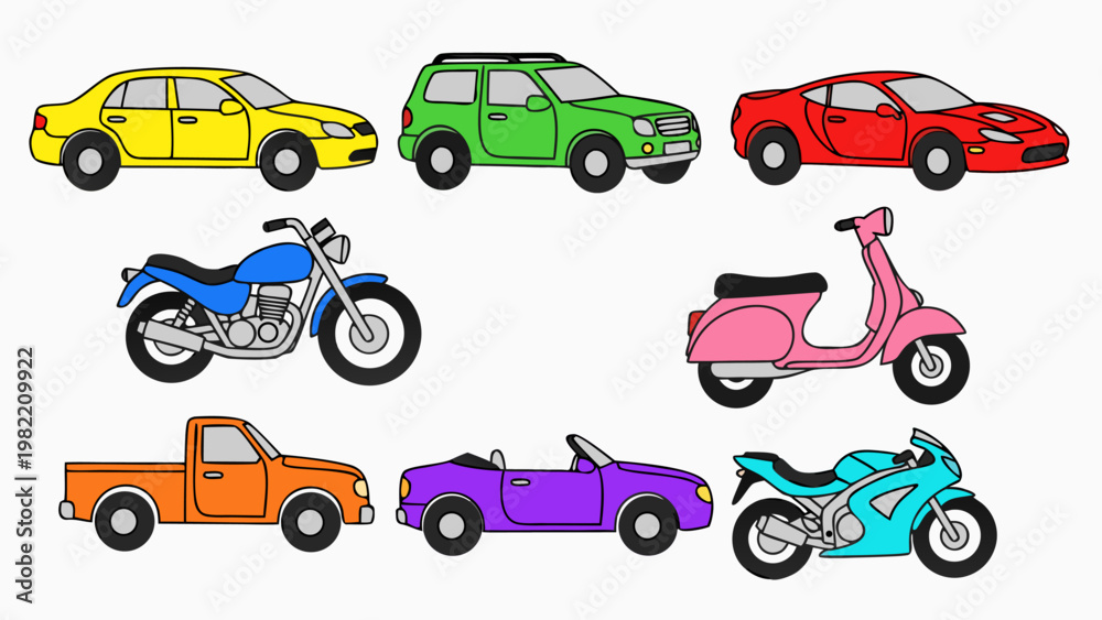 Naklejka premium Collection of colorful cartoon vehicles including cars, motorcycles, and scooters