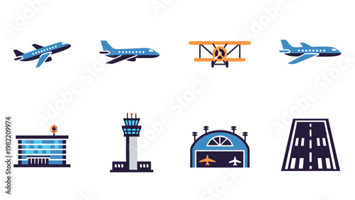 Collection of airplane and airport icons, including modern jets and a biplane