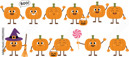 Cute Halloween pumpkin character collection featuring cartoon jack o lantern with witch hat broom candy basket and lollipop for spooky seasonal holiday vector design.
