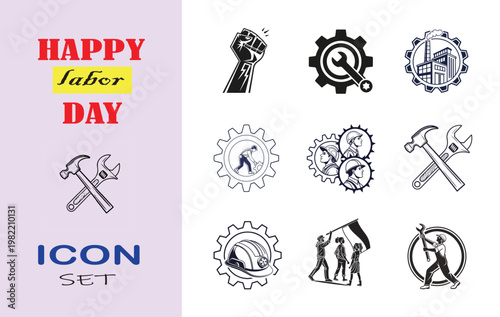 A clean and modern Labour Day tools icon set featuring construction and industrial equipment in line style. Includes hammer, wrench, helmet, gear and other worker symbols. Perfect for web, UI, apps, i