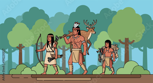 Indigenous family returning from a successful hunt in the woods with wild game