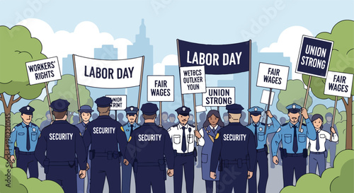 Labor Day protest illustration with workers holding signs and security officials