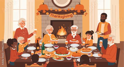 Diverse family members enjoying a large Thanksgiving dinner by a cozy fireplace