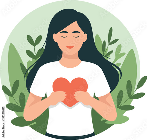 Flat vector illustration of peaceful happy girl holding heart symbol self love mental health psychology wellness concept